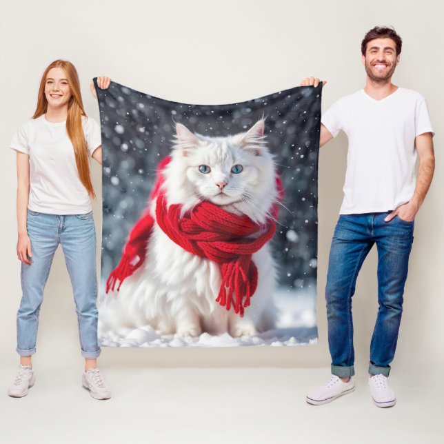 Manta Polar Gato blanco con bufanda roja de invierno (In situ)