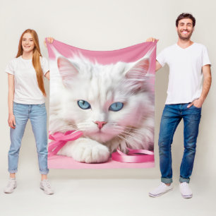 Manta Polar Gato blanco con cintas rosadas