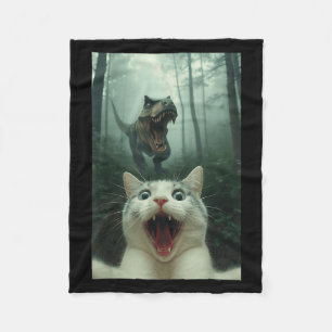 Manta Polar Gato Blanco Divertido Selfie Con Dinosaurio T-Rex,