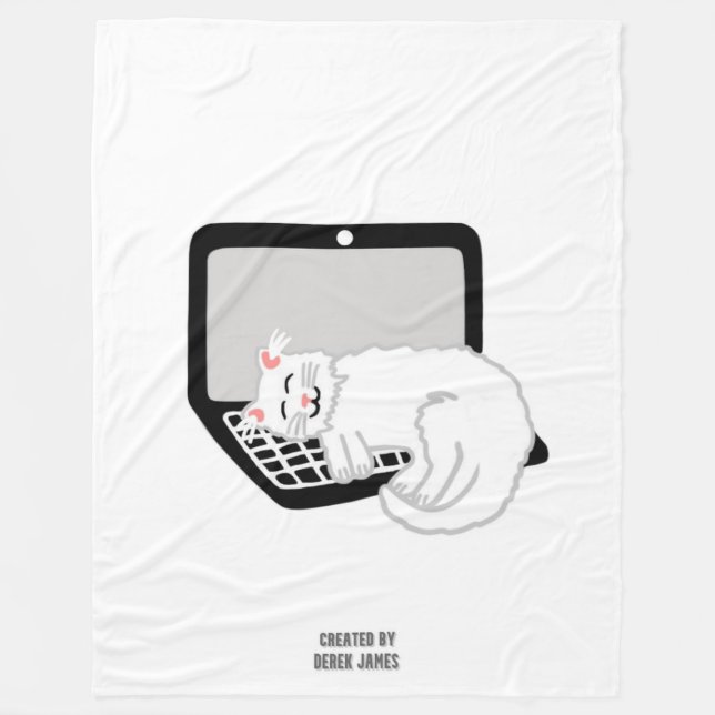 Manta Polar Gato Blanco Durmiendo En Una Gran Cama De Fleece P (Anverso)
