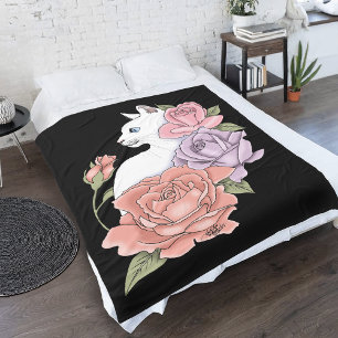 Manta Polar Gato Blanco Floral Pastel Negro Botánico Romántico