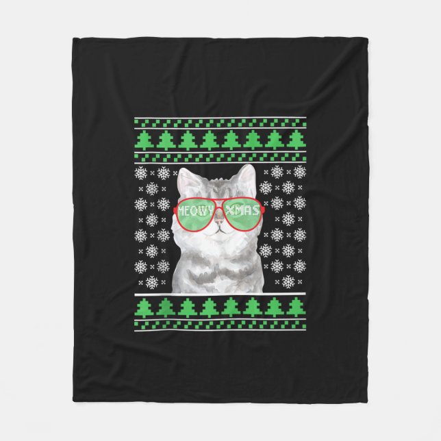 Manta Polar Gato con gafas de sol Navidades feos suéter (Anverso)