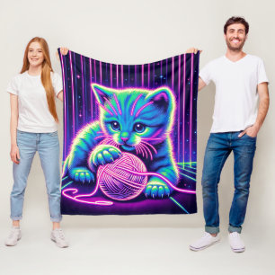 Manta Polar Gato de Neon Glow Jugando con Yarn