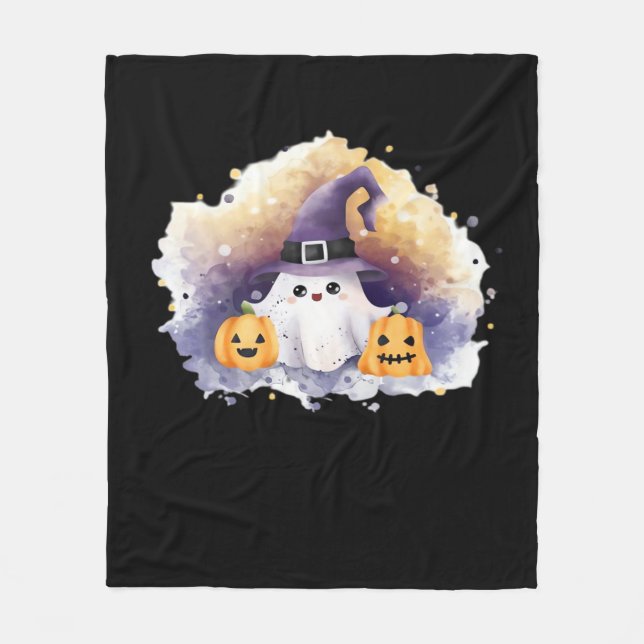 Manta Polar Gato fantasma lindo con calabazas - Ar Halloween K (Anverso)