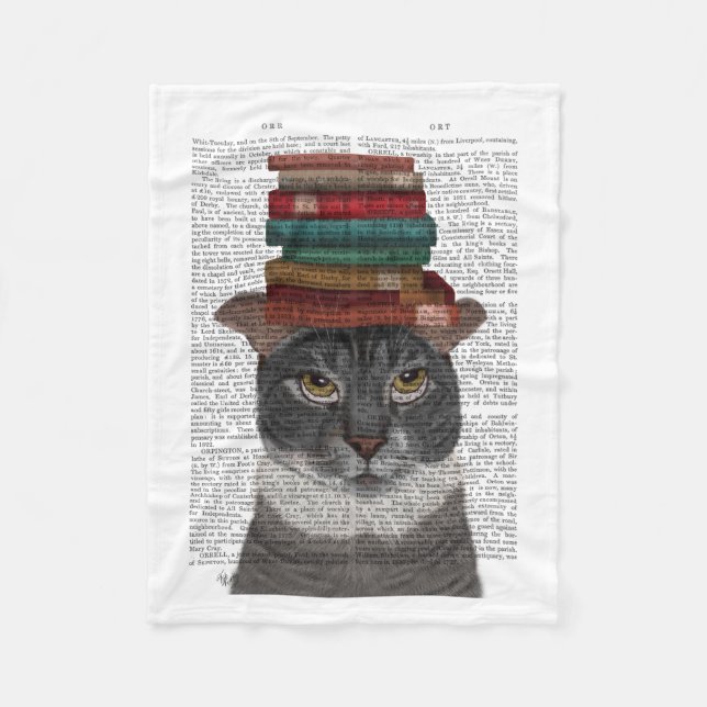 Manta Polar Gato gris con libros en la cabeza (Anverso)