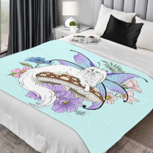 Manta Polar Gato Hada Caprichoso Blanco Hongo Azul Fantasía