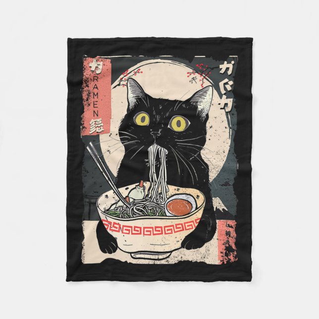 Manta Polar Gato Kawaii comiendo fideos de Ramen Divertido reg (Anverso)