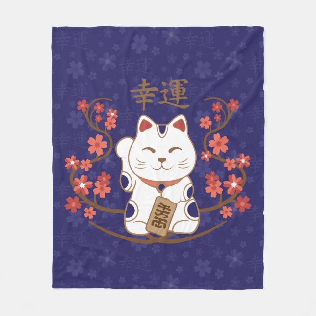 Manta Polar Gato Maneki-neko con buena suerte kanji (Anverso)