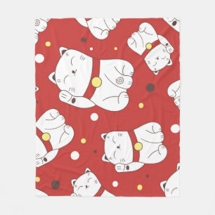Manta Polar Gato Maneki-Neko, patrón de doodle japonés.