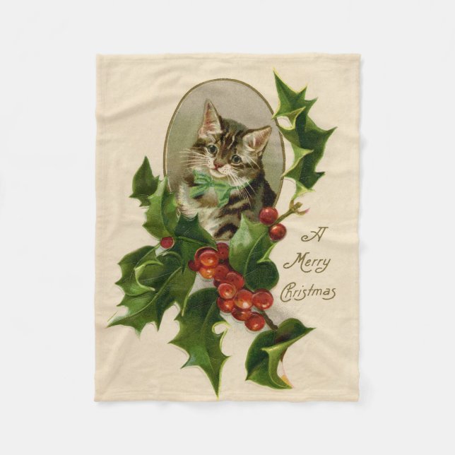 Manta Polar Gato Navidades Merry Holly Kitten Arte Antiguo (Anverso)