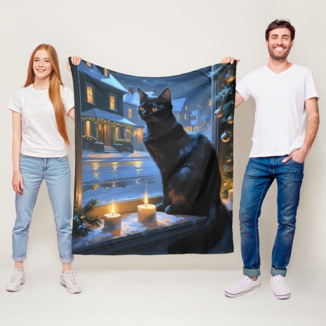 Manta Polar Gato Negro Con Luces De Navidad Fiesta (In situ)