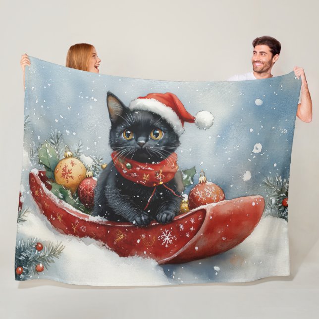 Manta Polar Gato negro con manchas deja que nieve Navidades (In situ)