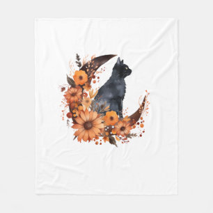 Manta Polar Gato negro en calabaza floral de la luna Halloween