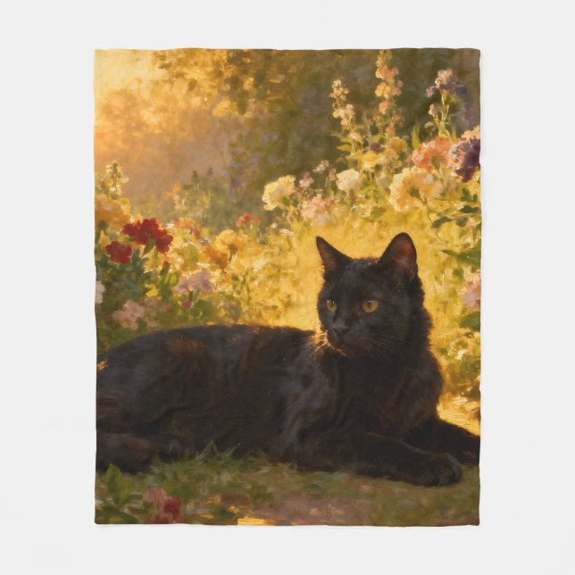 Manta Polar Gato Negro en las Flores I (Anverso)