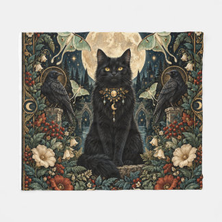 Manta Polar Gato Negro Gótico Celestial con Luna y Cuervos.