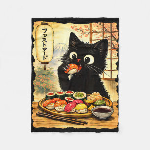 Manta Polar Gato negro lindo comiendo sushi kawaii comida japo
