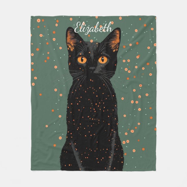 Manta Polar Gato negro místico con ojos Naranjas y Purpurina (Anverso)