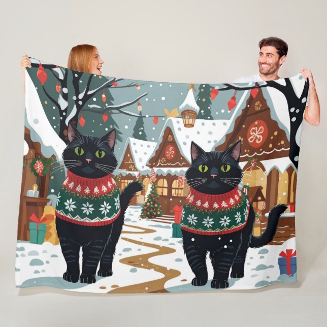 Manta Polar Gato Negro Navidad Nieve Fiesta (In situ)