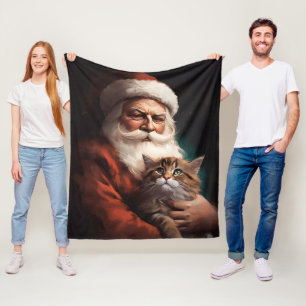 Manta Polar Gato Persa con Papá Noel Festivo de Navidad