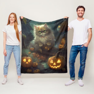 Manta Polar Gato Persa de Halloween con Calabazas Espeluznante