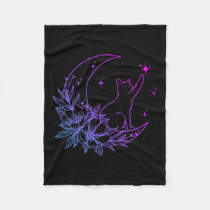 Manta Polar Gato Sentado En Flores De Luna Creciente Estrellas