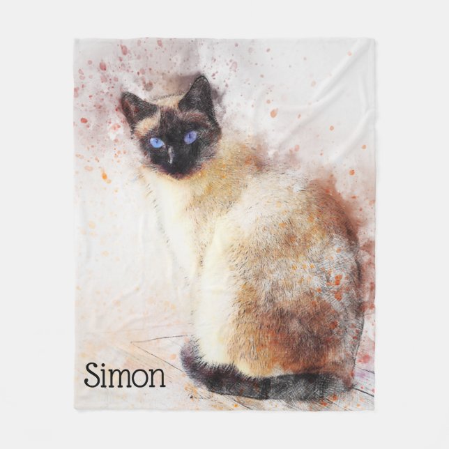 Manta Polar Gato siamés de la acuarela de moda personalizado (Anverso)