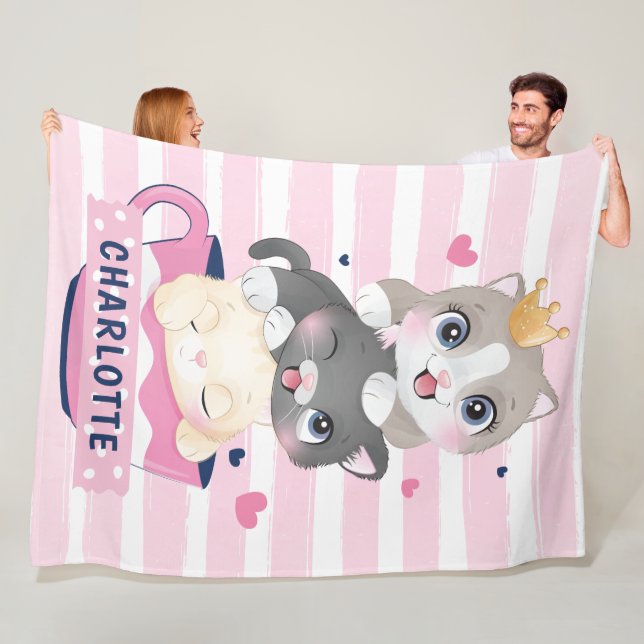 Manta Polar Gatos Personalizados Cutetos apilados Tiras Rojas  (In situ)