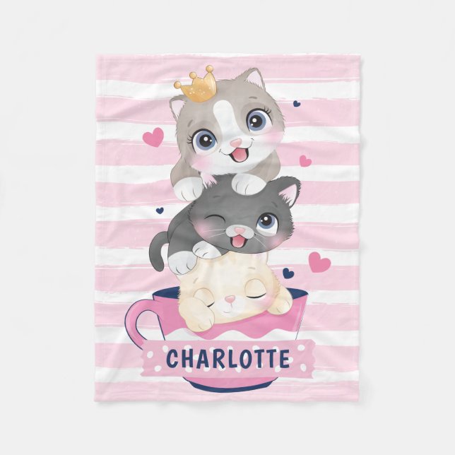 Manta Polar Gatos Personalizados Cutetos apilados Tiras Rojas  (Anverso)
