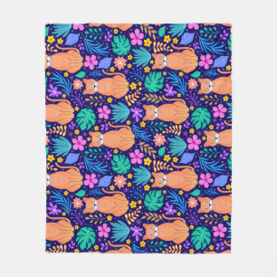 Manta Polar Gatos y flores tropicales: Patrón oscuro