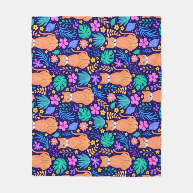 Manta Polar Gatos y flores tropicales: Patrón oscuro (Anverso)