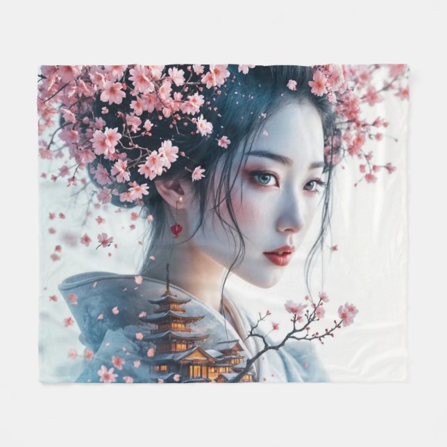 Manta Polar  Geisha portrait, cherry blossoms, Japanese art, (Frente (Horizontal))
