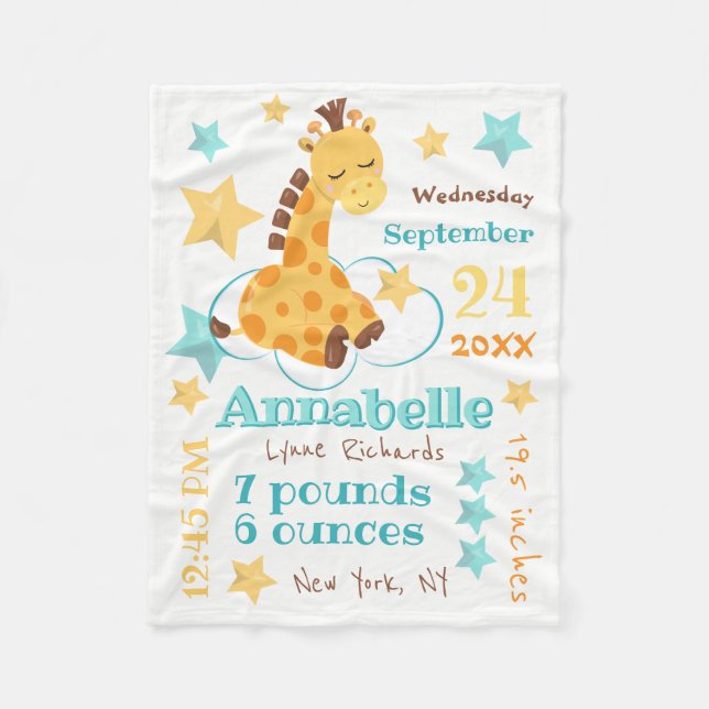 Manta Polar Género Neutral Cute Giraffe Stars Baby Stats (Anverso)