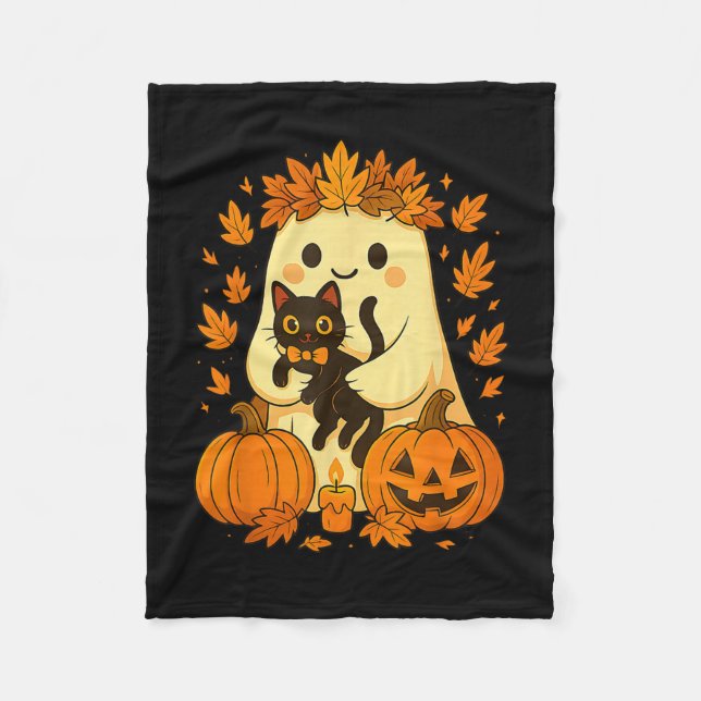 Manta Polar Ghost Holding Black Cat Halloween Pumpkins Otoño (Anverso)