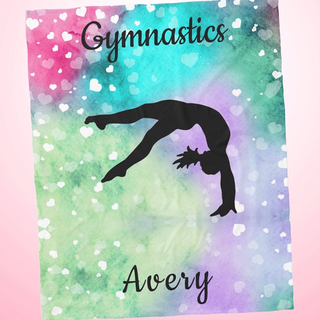 Manta Polar Gimnasia chica acuarela con corazones flotantes (Floating Hearts Rainbow Pastel Gymnastics Tumbling Blanket with Name)