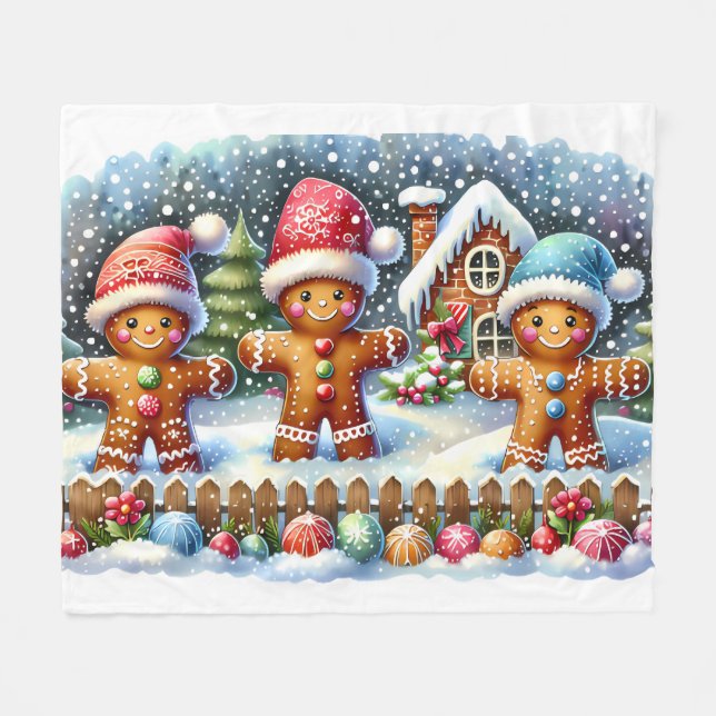Manta Polar Gingerbread Family Snowy Christmas Scene (Frente (Horizontal))