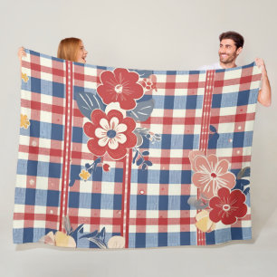 Manta Polar Gingham patriótico con acentos florales Blanco r