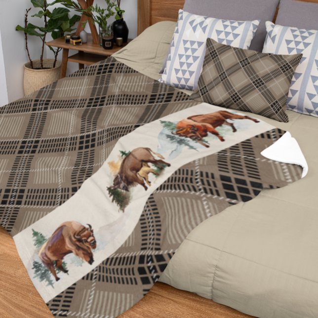 Manta Polar Gingham Plaid Watercolor Bison Buffalo Rustic (Subido por el creador)