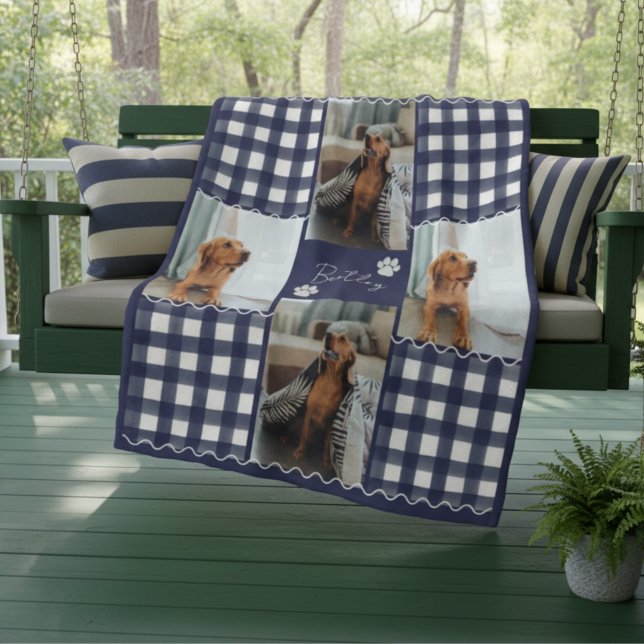 Manta Polar Gingham Squiggle Mascota Cuatro Fotografías (Cozy up with your favorite photos with this Gingham Squiggle Pet Four Photo Grid Fleece Blanket!)