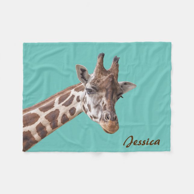Manta Polar Giraffe Animal con nombre Verde azulado personaliz (Frente (Horizontal))
