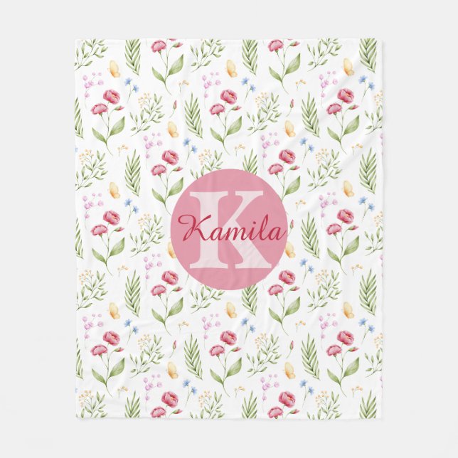 Manta Polar Girls Cute Monogram Name Floral Fleece Blanket (Anverso)