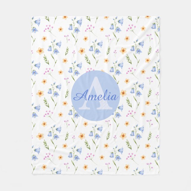 Manta Polar Girls Floral Pattern Monogram Name Kids Blanket (Anverso)