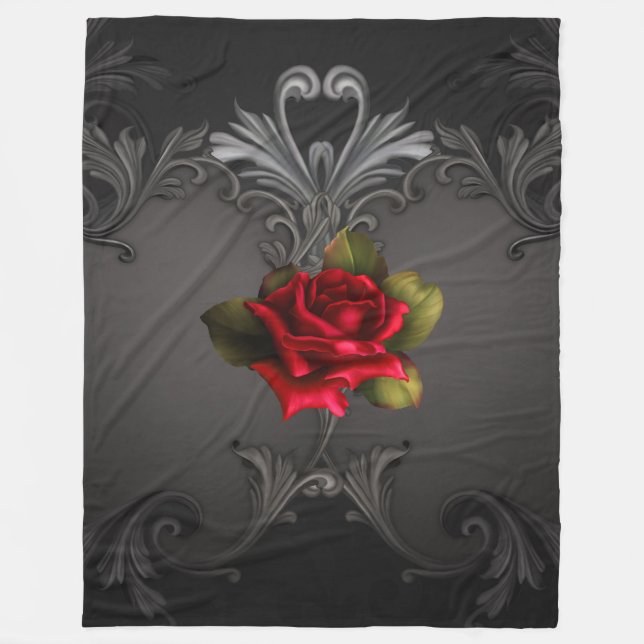 Manta Polar Glamour gótico Rosa Roja Glam Ornamental Negro (Anverso)