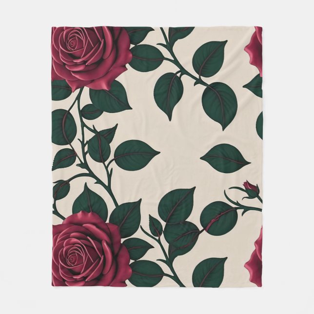 Manta Polar Glossy Crimson Roses With Dark Green Leaves (Anverso)