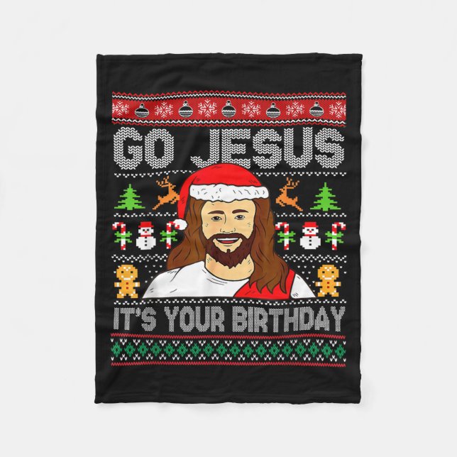 Manta Polar Go Jesus It's Your Birthday Ugly Christmas Sweater (Anverso)