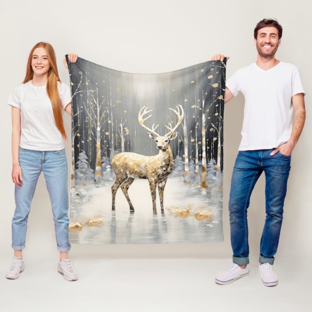 Manta Polar Gold Reindeer Holiday Fleece Blanket (In situ)