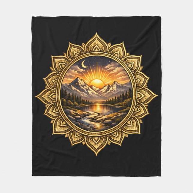 Manta Polar Golden Boho Mandala Mountain Sunset Art | Black (Anverso)