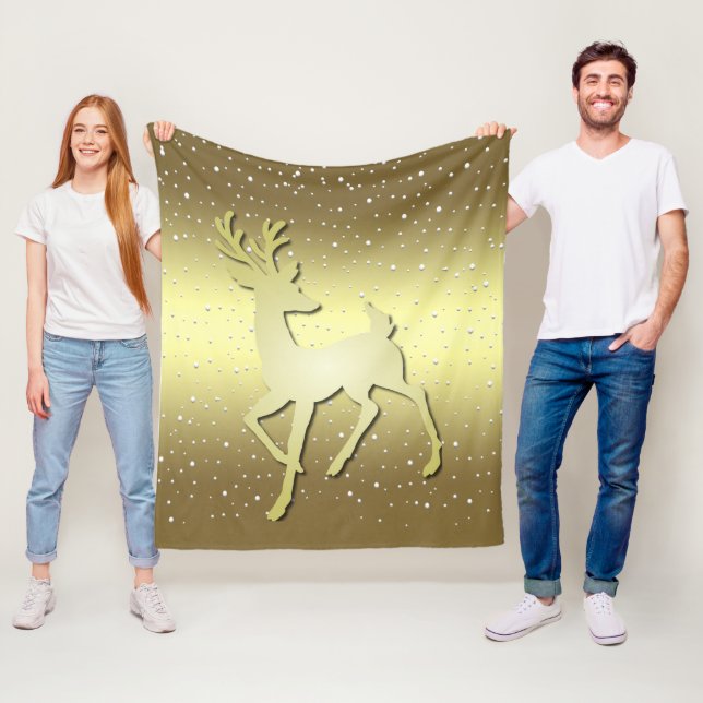 Manta Polar Golden Reindeer Snowy Fleece Blanket (In situ)