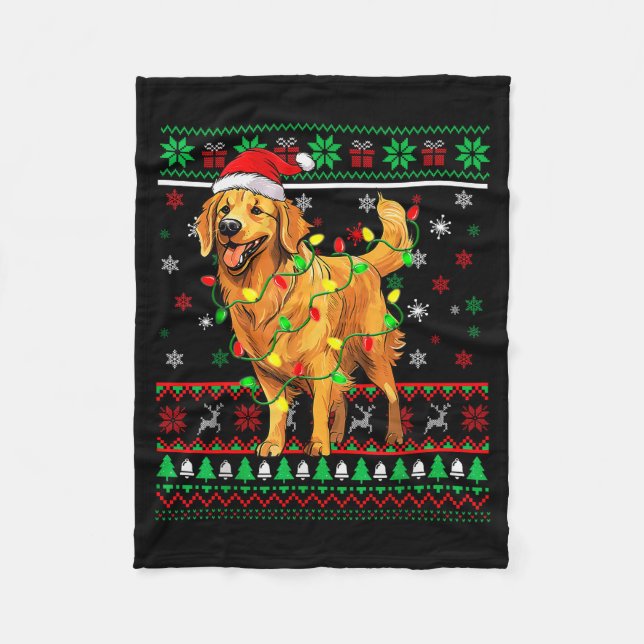Manta Polar Golden Retriever Christmas Santa Hat Tree Lights P (Anverso)