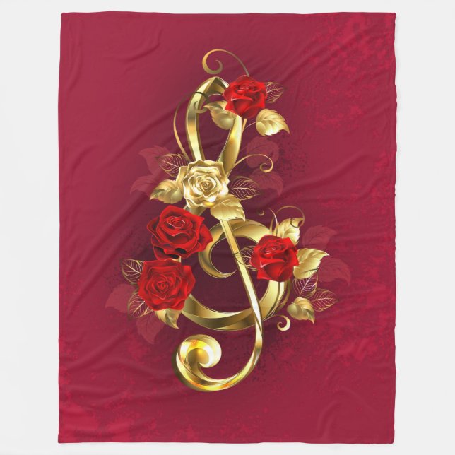 Manta Polar Golden Treble Clef con flores Rosas (Anverso)