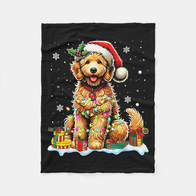 Manta Polar Goldendoodle Christmas Santa Hat Fairy Lights Paja (Anverso)